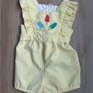 Vintage Piccolo Yellow Ruffled Toddler Romper with Popsicle Design